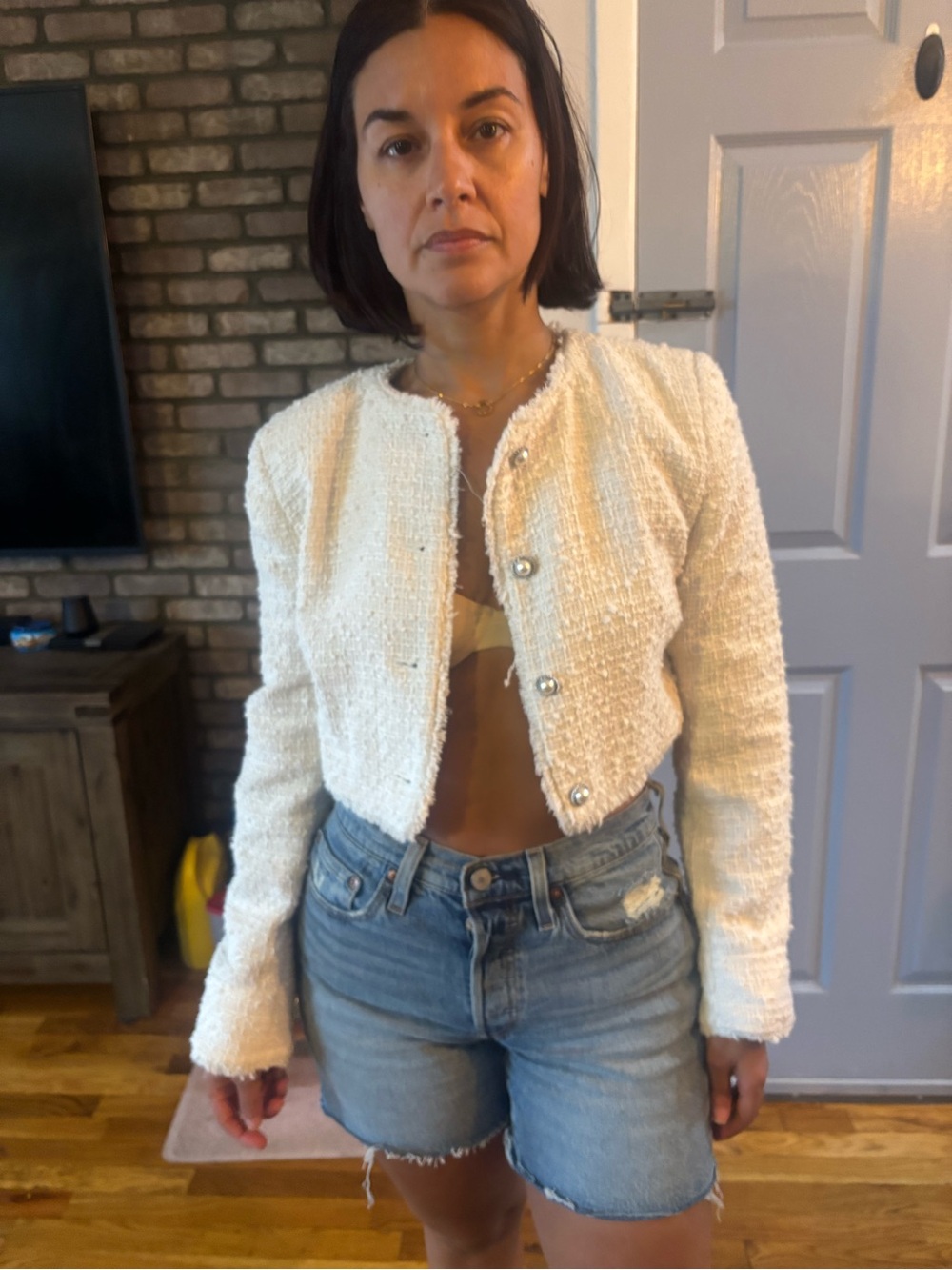 H&M Cream Bouclé Cropped Jacket with Pearl Buttons